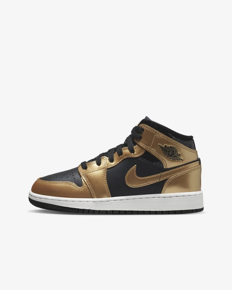 Nike Air Jordan 1 Mid SE Boys' Shoes - Black/White/Metallic Gold Basketball Sneakers
