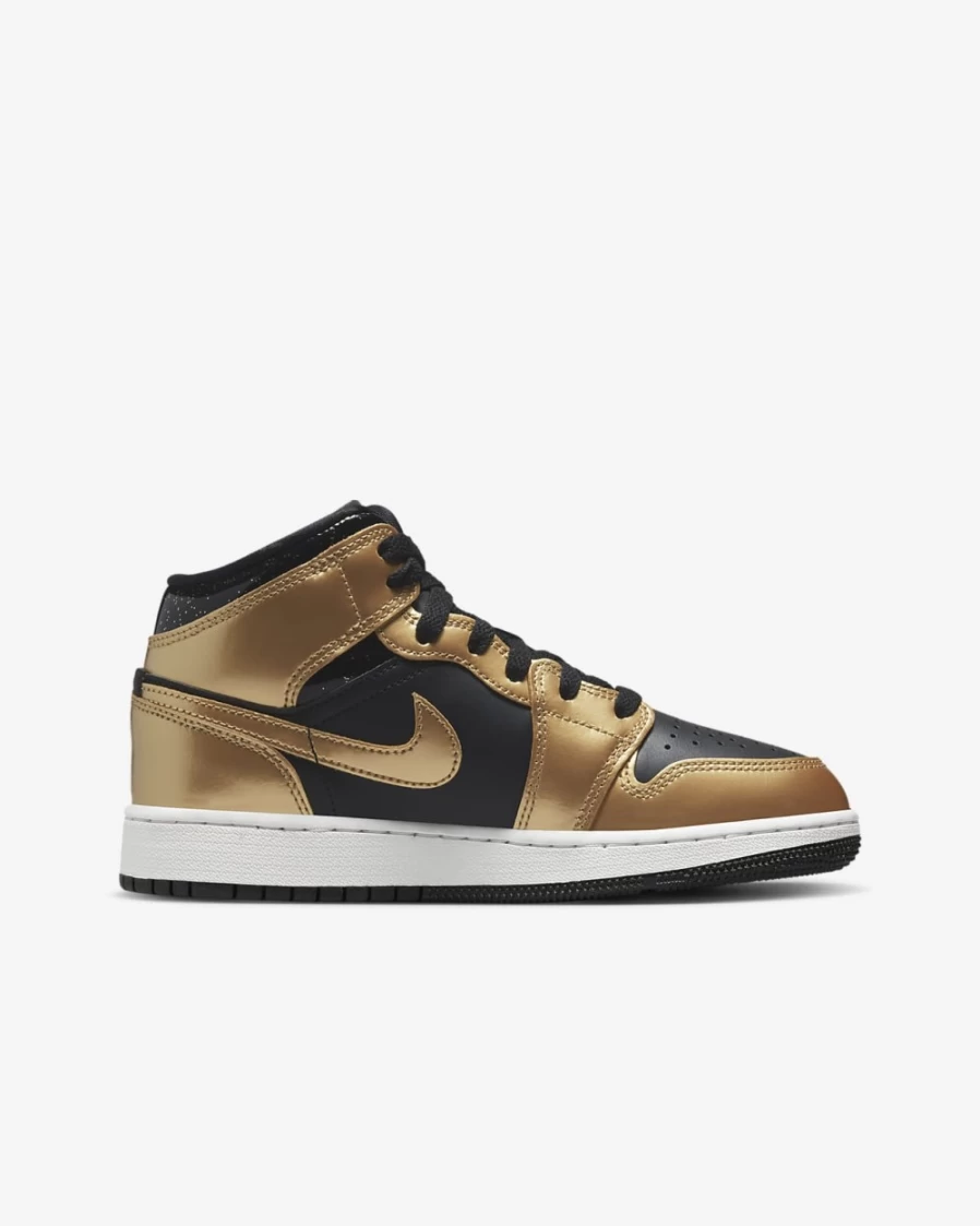 Nike Air Jordan 1 Mid SE Boys' Shoes - Black/White/Metallic Gold Basketball Sneakers