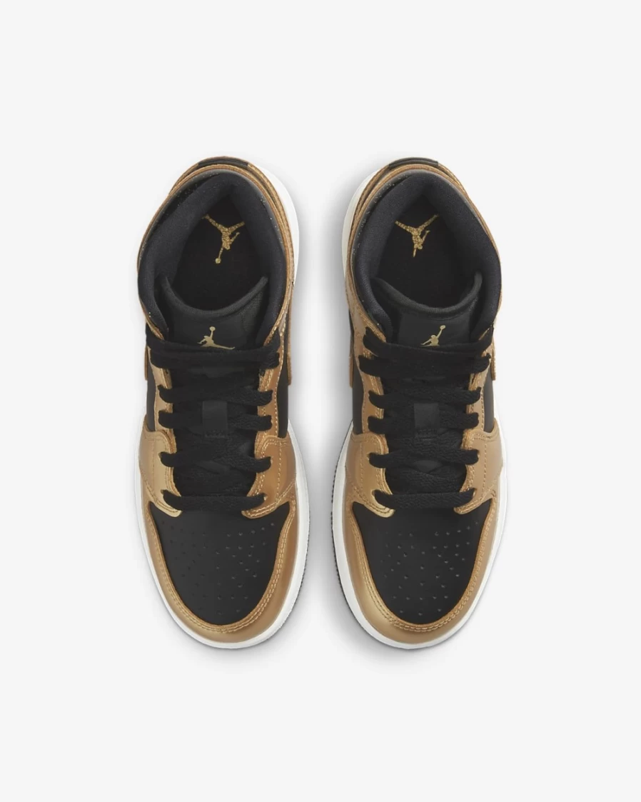 Nike Air Jordan 1 Mid SE Boys' Shoes - Black/White/Metallic Gold Basketball Sneakers