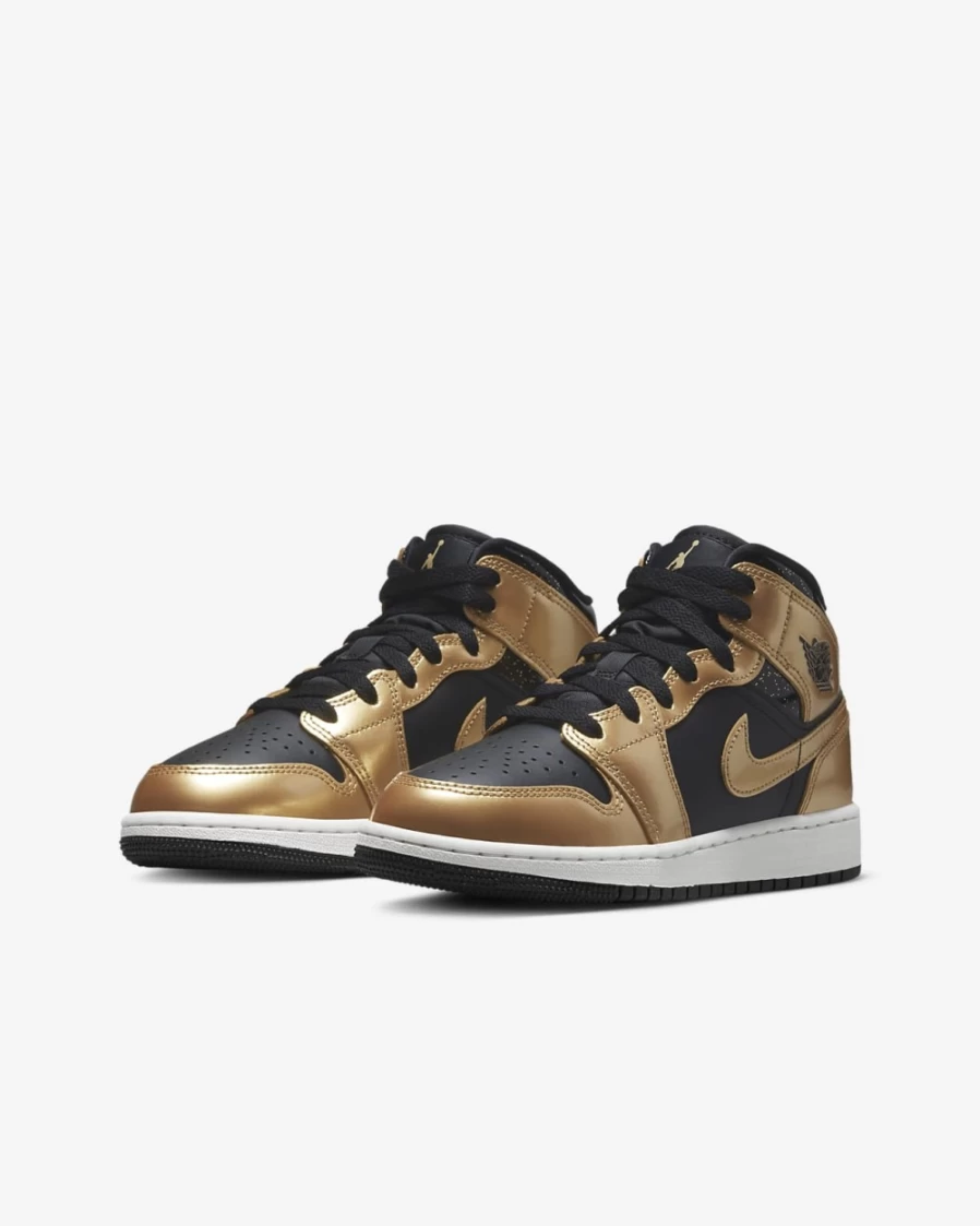 Nike Air Jordan 1 Mid SE Boys' Shoes - Black/White/Metallic Gold Basketball Sneakers