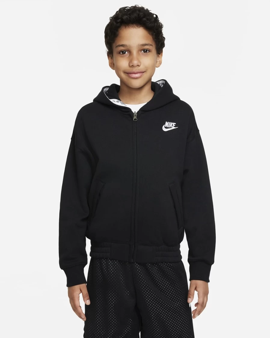 Nike Boys' Black/White Basketball Culture Full-Zip Hoodie for Kids